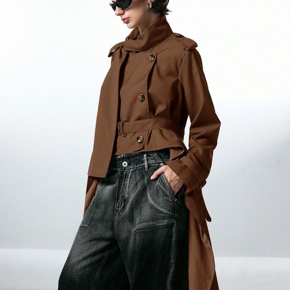 Chocolate Brown Casual Women's Double-Breasted Trench Coat - Picture 5 of 7